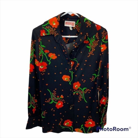 Ladies Vintage Leslie J Poppy Print Button Down - Picture 8 of 15